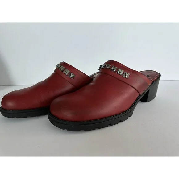 Vtg Y2K 90’s Tommy Hilfiger Slip On Chunky Leather‎ Mules Womens 11M Bejeweled